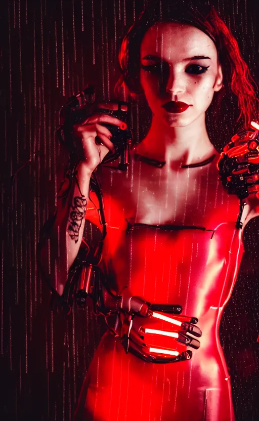 Image similar to woman, android, cyberpunk, artificial limbs, circuit, wires, mechanisms, tattoos, neon light, hard light, glamour, vogue photoshoot, fashion, long dress, red dress, raindrops, rain, wet, make - up, leaky make - up, red lipstick