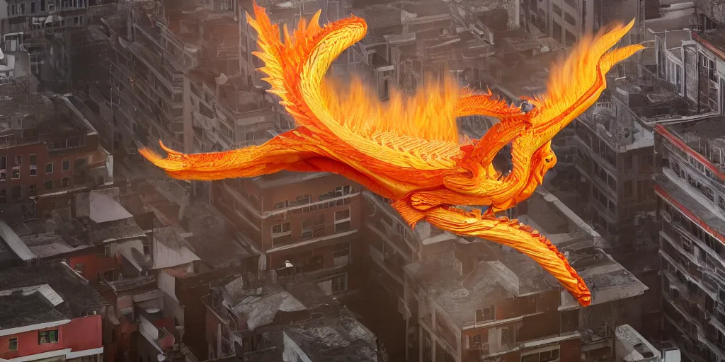 Prompt: a Chinese Fire Dragon flying above a city street, character design, Octane Render, 4k, photo-realistic, Canon 5D