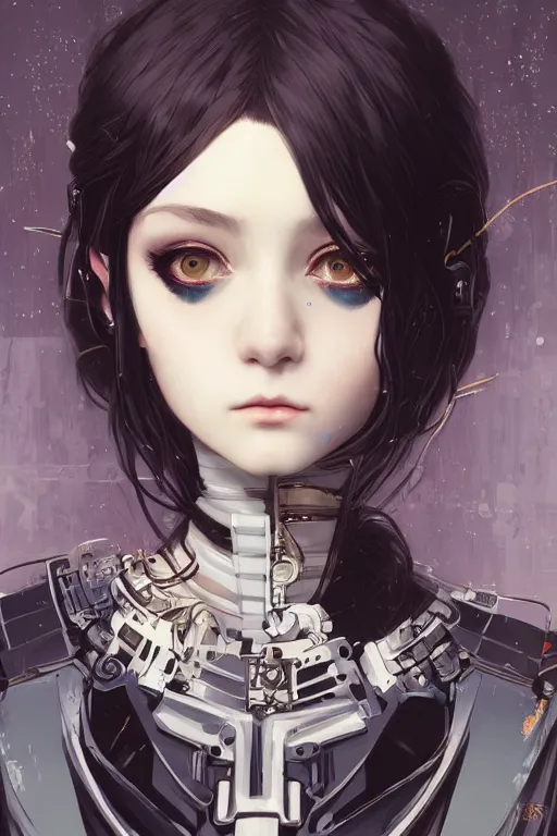 Image similar to portrait of beautiful young gothic cyborg anime maiden, cute-fine-face, fine details. Anime, cyberpunk, Warhammer, highly detailed, artstation, illustration, art by Ilya Kuvshinov and Gustav Klimt