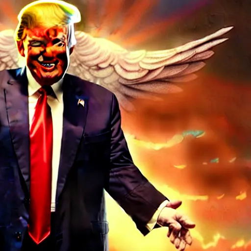 Image similar to portrait painting of donald trump in heaven, happy smile on his face, ultra realistic, concept art, intricate details, eerie, highly detailed, photorealistic, octane render, 8 k, unreal engine. art by artgerm and greg rutkowski and magali villeneuve and alphonse mucha