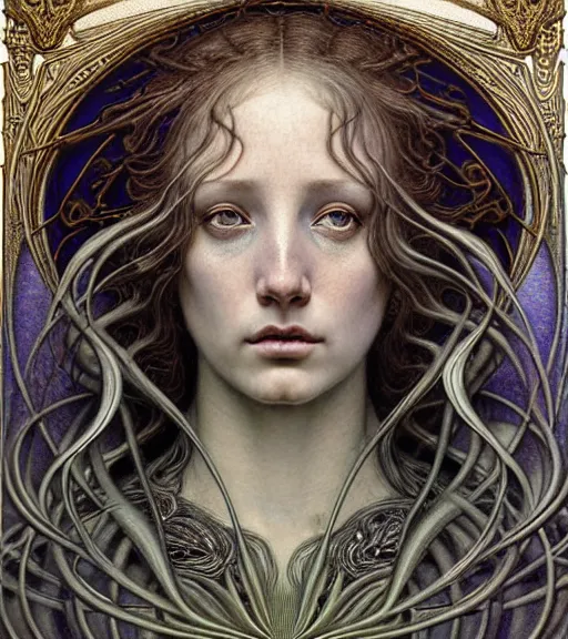 Image similar to detailed realistic beautiful young medieval alien queen face portrait by jean delville, gustave dore and marco mazzoni, art nouveau, symbolist, visionary, gothic, pre - raphaelite, iridescent fractal details. horizontal symmetry by zdzisław beksinski, iris van herpen, raymond swanland and alphonse mucha. highly detailed, hyper - real, beautiful