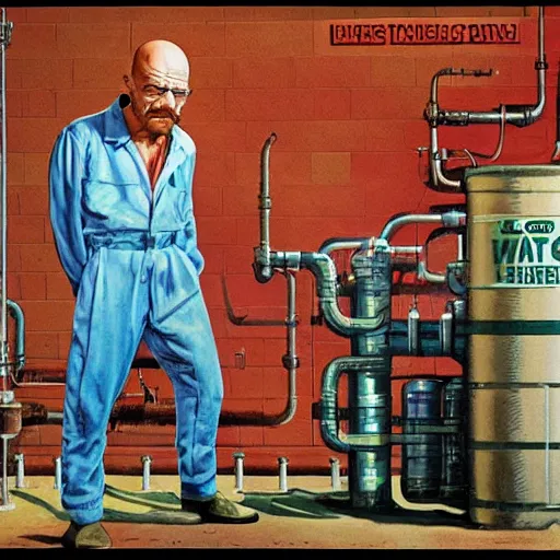 Prompt: Walter White and Luigi in chemical factory, artwork by Earl Norem,