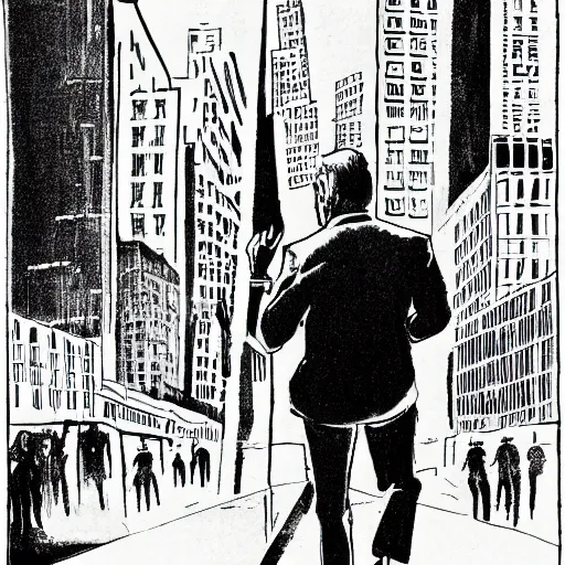 Prompt: comic book image with a man walking on the street of new york, ink, black and white, art of jack kirby