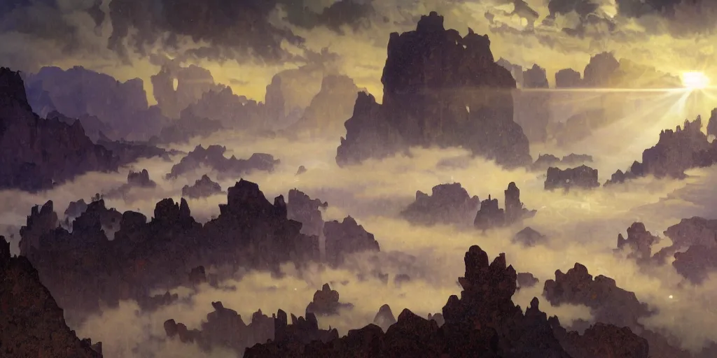 Image similar to photorealistic epic landscape with swirls of mist by alphonse mucha. ominous clouds, intense light beams, strange levitating stones, stones falling from the sky, delicate swirls of mist by alphonse mucha. occult photorealism, uhd, amazing depth, glowing, volumetric lighting, cinematic lighting.