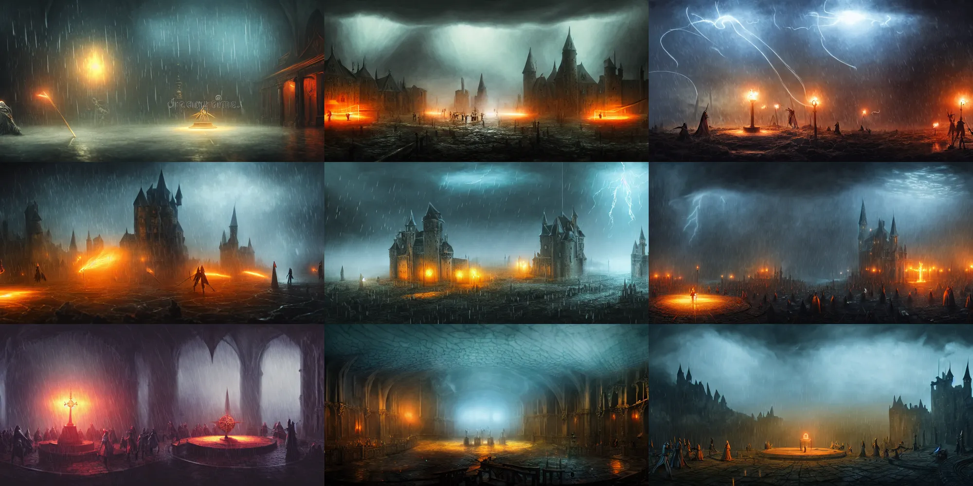 Prompt: cinematic battle scene, lighting, sorcery magic witch battle, medieval castle orrery room, rain, storm, fog, illustration, highly detailed, digital painting, concept art, matte, 8 k movie still, masterpiece