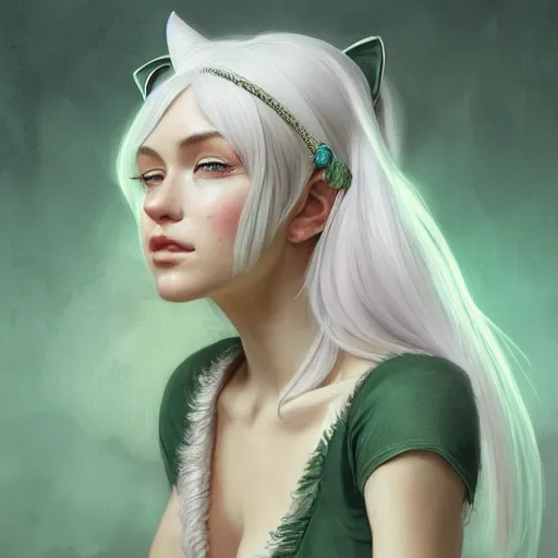 Image similar to ultra realistic illustration, dream girl with white hair, with light green eyes, with cat ears, in a sundress, intricate, elegant, highly detailed, digital painting, artstation, concept art, smooth, sharp focus, illustration, art by artgerm and greg rutkowski and alphonse mucha