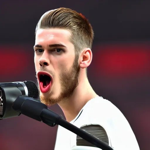 Prompt: david de gea singing pop with a microphone, indoor