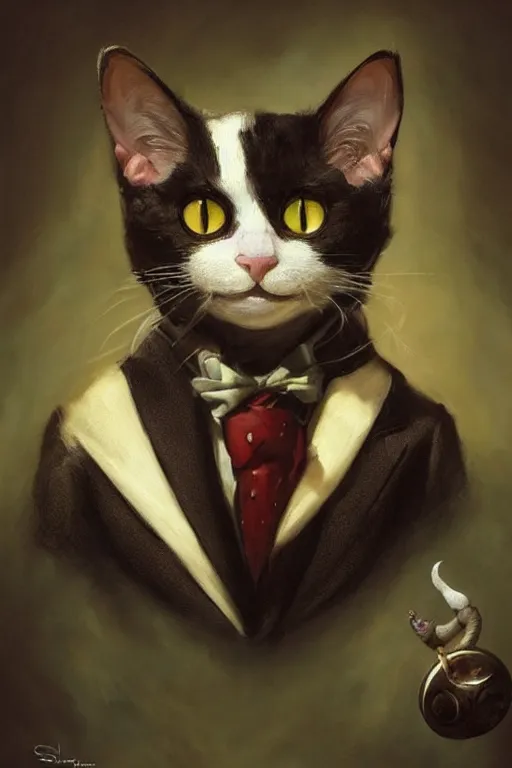 Prompt: cute anthropomorphic Portrait of a tuxedo cat, art portrait, matte fantasy painting, Cg society, Artstation, by Salvador Dali by Steve Argyle by Tyler Jacobson by Peter Mohrbacher, cinematic lighting