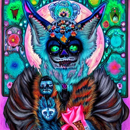 Prompt: a photorealistic portrait of dia de los muertos fox shaped sugar skull kitsune wearing long fluffy furs and ears, clothes themed on a peacock, painting by jeff easley, stylized, neon, black velvet, bowling alley carpet, dnd beyond, fae wilds sky