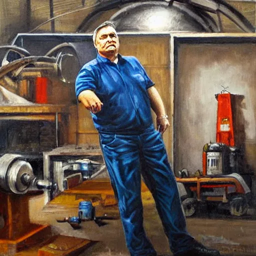 Image similar to viktor orban in a metal workshop, oil painting