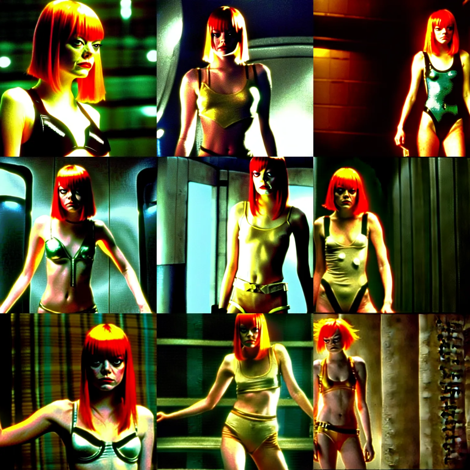 Prompt: Emma Stone as Leeloo In ‘The Fifth Element’ movie still, full body, gritty dystopian