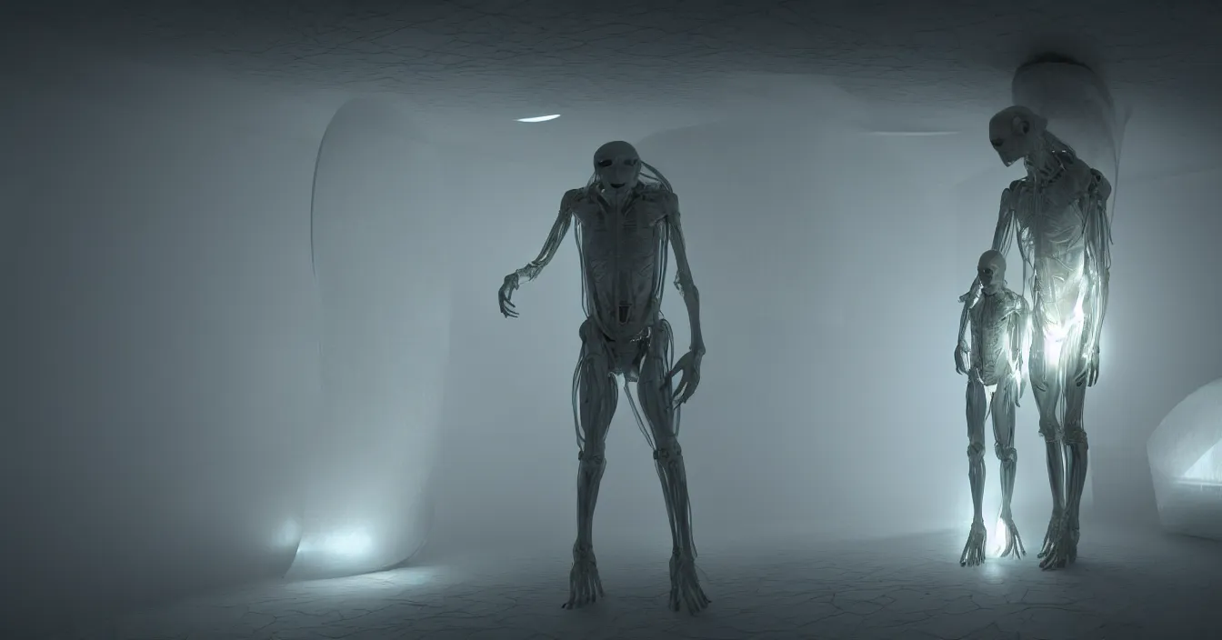 Prompt: sad translucent humanoid alien in spaceship detail interior, standing by translucent coffin. volumetric light, dark atmosphere, dramatic view, strong ambient occlusion, raytracing, raymarching, from movie by ilm, digital domain, weta digital