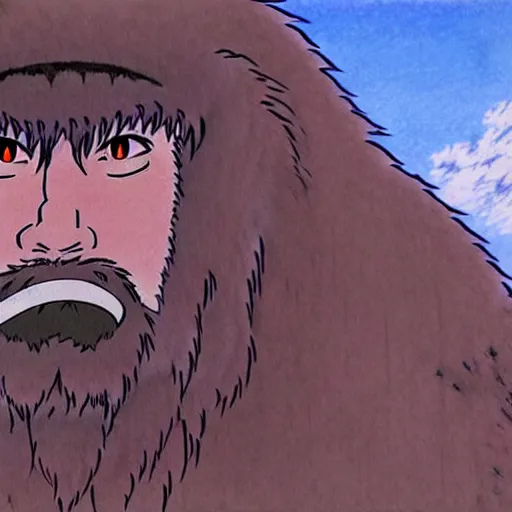 Image similar to a realistic cell - shaded studio ghibli concept art from princess mononoke ( 1 9 9 7 ) of a giant caveman. very dull colors, wide shot, hd, 4 k, hq