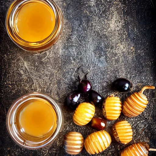 Image similar to dingleberry honey, honey with fresh dingleberries floating inside, food photography