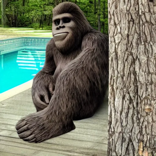 Prompt: bigfoot relaxing by the pool, surveillance camera still