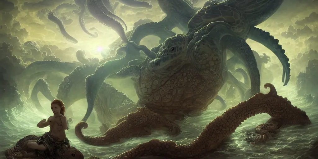 Prompt: Fantasy fairytale story, Great Leviathan Turtle, cephalopod, Cthulhu Squid Terrapin, Mysterious Island, center Universe, hybrid, Reptilian Cyborg, Mystical, Anubis Warrior, Atlantean, intense fantasy atmospheric lighting, hyperrealistic, William-Adolphe Bouguereau, François Boucher, Jessica Rossier, Michael Cheval, michael whelan, Cozy, hot springs hidden Cave, Forest, candlelight, natural light, lush plants and flowers, Spectacular Mountains, bright clouds, luminous stellar sky, outer worlds, Golden dapple lighting, Solar Flare Unreal Engine, HD,