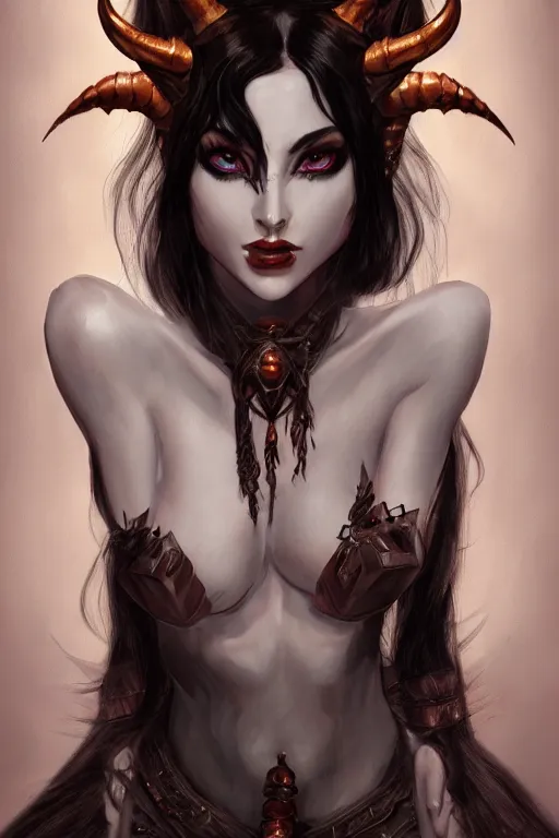 Image similar to portrait of female succubus with black hair and glowing amber eyes and horns, dnd, fantasy, intricate, elegant, highly detailed, digital painting, artstation, concept art, smooth, sharp focus, illustration, art by narcisse navarre