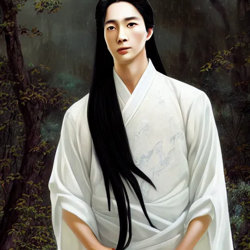 Prompt: a portrait of a young beautiful prince, golden eyes, long black hair, white hanfu, elegant, cute, intricate, backlit, incredible lighting, strong rim light, subsurface scattering, photorealistic anime, epic beautiful landscape, cherry trees, highly detailed, digital painting, by Heise Jinyao, Heise-Lian Yan Fang, Feimo, Rossdraws, Sakimichan HDRI, vivid colors, high contrast, 8k
