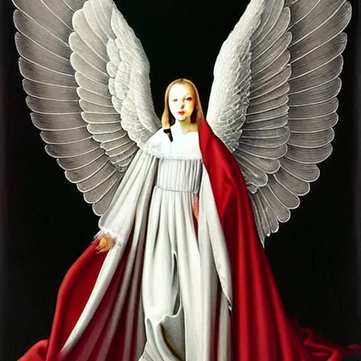 Image similar to highdetailed hyperrealistic painting of white angel!!! no gender smiling noface!!!, light instead of hands, white sparkles everywhere, 4 k hd face!!!, big silver high detailed wings!!!, renaissance, by jan van eyck, by gerhard richter, holography space, glow effect, large strokes, monochrome!!!!!