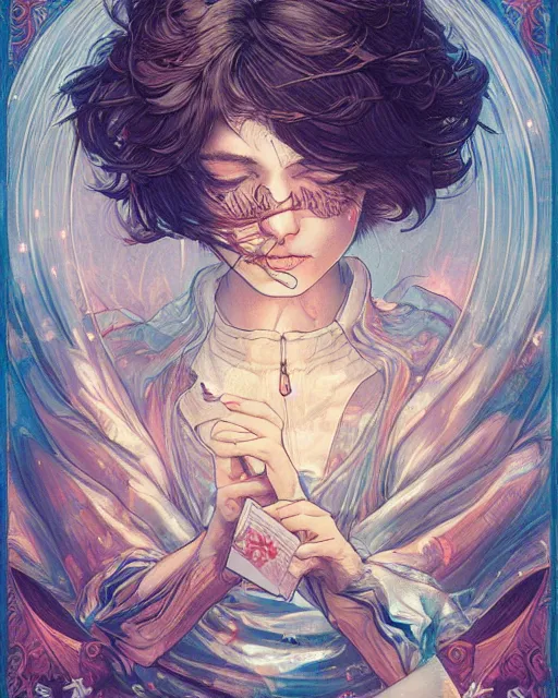 Image similar to a girl shuffling cards, midshot single subject, art poster, ambient lighting, detailed, by ayami kojima, makoto shinkai, kilian eng