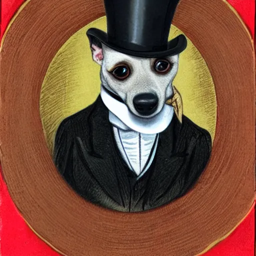 Image similar to portrait of a dog wearing a suit and a top hat and a monocle on one eye, hand drawing, red and black colors