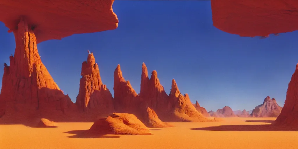 Image similar to desert ， 4 k resolution, ultra wide angle, by ralph mcquarrie and frank lloyd frank lloyd and bruce pennington and ted nasmith