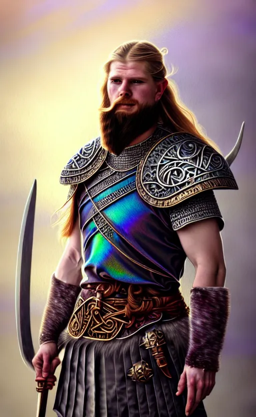 Image similar to iridescent viking warrior, regal, elegant, winter, snow, beautiful, stunning, hd, illustration, epic, d & d, fantasy, intricate, elegant, highly detailed, wide angle, digital painting, artstation, concept art, smooth, sharp focus, illustration, wallpaper, art by artgerm and greg rutkowski and alphonse mucha and jin xiaodi