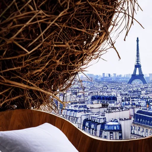 Image similar to perfume in a bird's nest overlooking paris eiffel tower, light pastel blue sky and clouds in the background, softly - lit, soft - warm, zen, light, modern minimalist f 2 0 clean