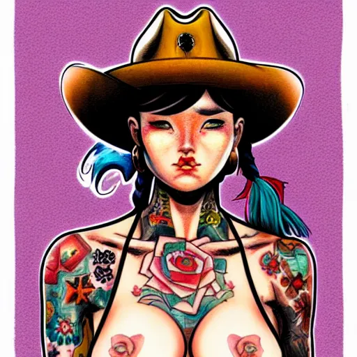 Prompt: full view of cowgirl with tattoos, wearing a cowboy hat, style of yoshii chie and hikari shimoda and martine johanna and will eisner, highly detailed