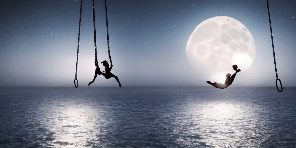 Image similar to a person swinging on a swing over the ocean the swing is connected to the moon, award winning photography, 4k, volumetrics, cinematic lighting