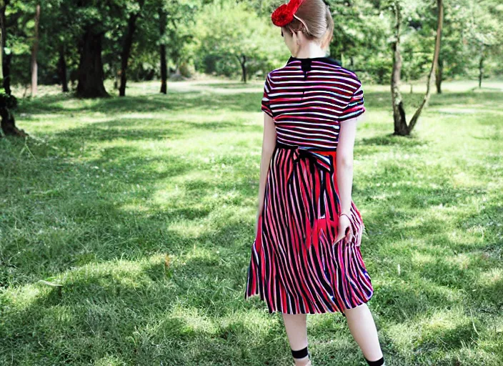 Prompt: “ silk dress, red stripes, black polka dots, model ”