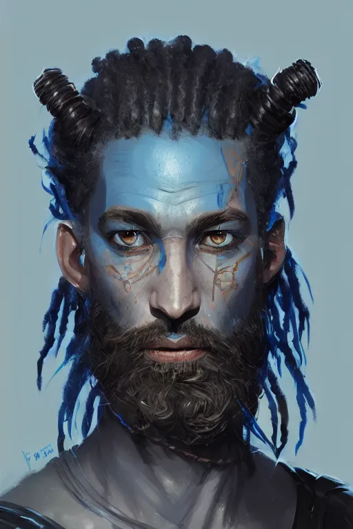 Image similar to portrait of a blue genasi with a square jaw from d & d by greg rutkowski, dreadlocks and small beard, runic rings, d & d character, blue, black background, highly detailed portrait, digital painting, artstation, concept art, smooth, sharp foccus ilustration, artstation hq