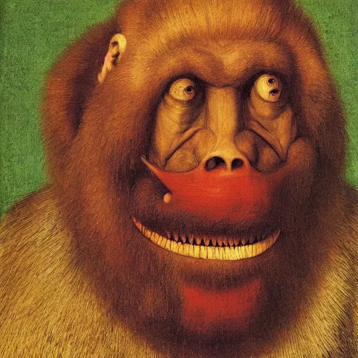 Prompt: close up portrait of a mutant monster creature with colourful mandrill - like nose, baldness, needles portruding through the cheeks, painted forehead, medusae beard. jan van eyck