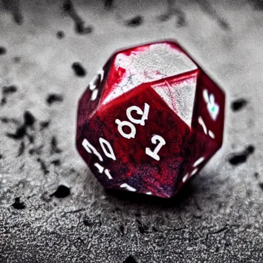 Image similar to d 2 0 covered in blood, realistic photography, high detailed