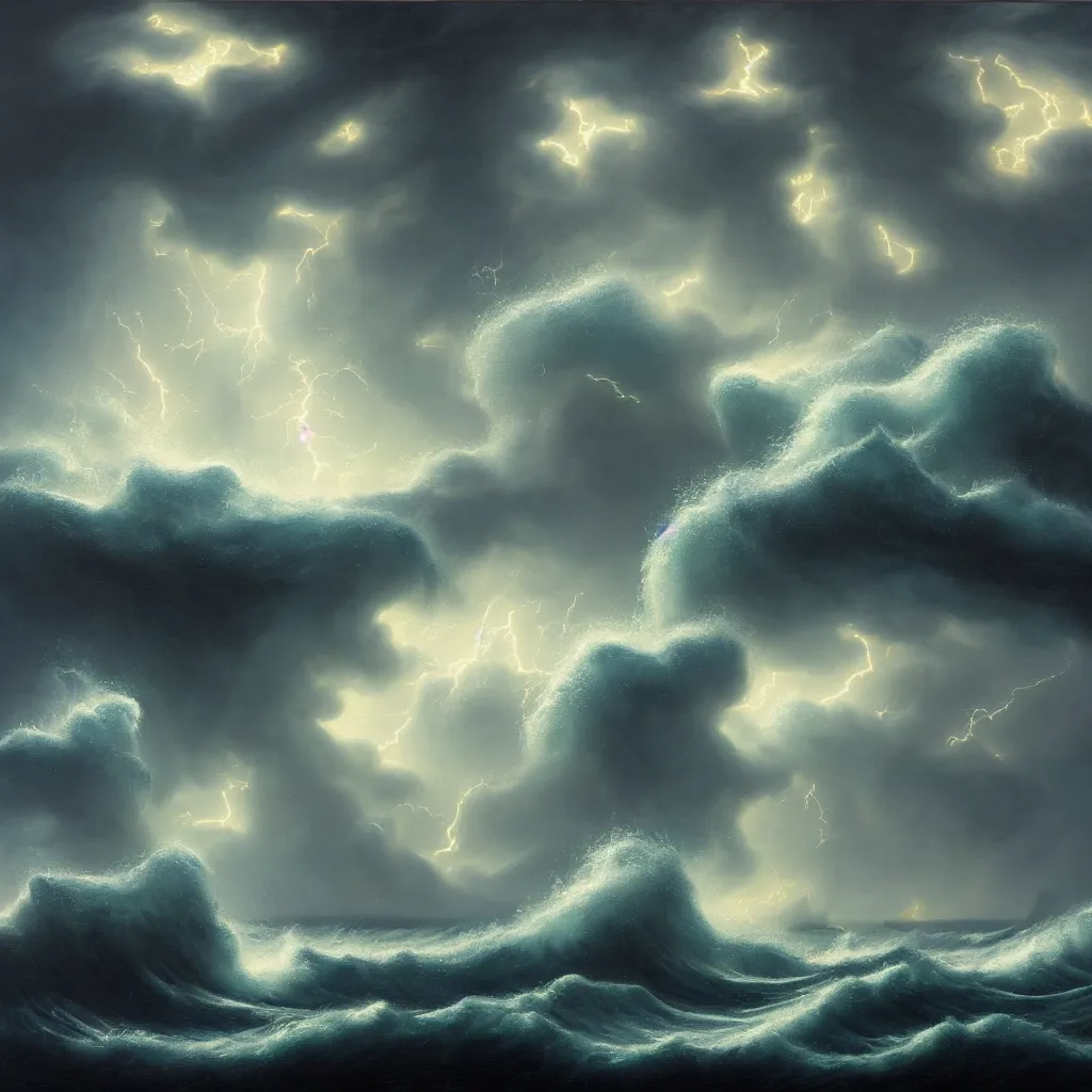 Prompt: a fantasy landscape. subject : giant dark kraken, stormy sea with a small boat, giant waves, lightning in the background, oil painting, 4 k