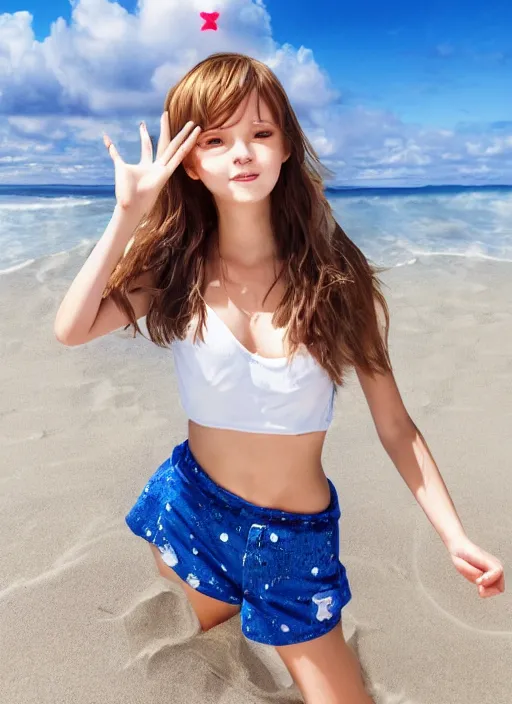 Image similar to girl at a beach holding up a peace sign, happy, beautiful, finely detailed, made by artgerm, full body portrait, illustration, sparkling water, shinny sand, sunny, anime, front view, perfect anime face, realistic face, zoomed out, smooth, blue eyes, high waisted shorts, sharp focus