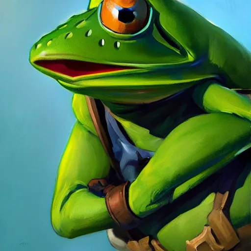 Prompt: greg manchess portrait painting of partially armored kermit the frog as overwatch character, medium shot, asymmetrical, profile picture, organic painting, sunny day, matte painting, bold shapes, hard edges, street art, trending on artstation, by huang guangjian and gil elvgren and sachin teng