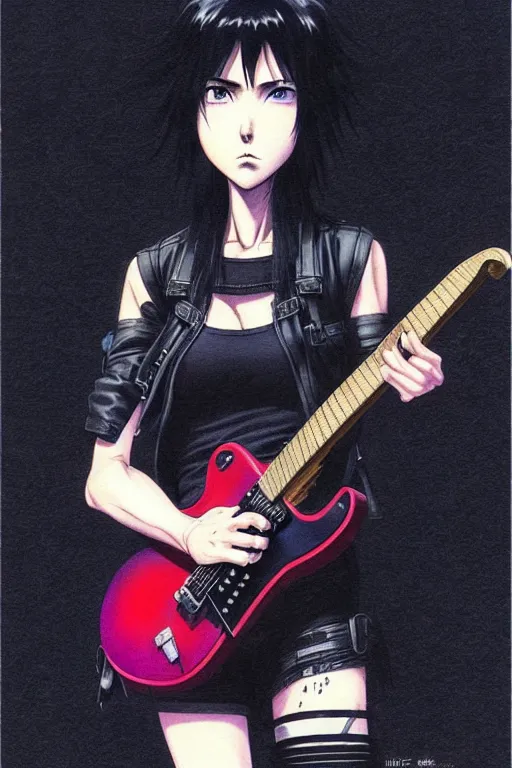 Image similar to wide view of a dark haired rock chick with guitar. Sharp fine face playing guitar, pretty face, realistic shaded Perfect face, fine details. Anime. by makoto sinkai, katsuhiro otomo ghost in the shell movie scene, magali villeneuve, artgerm, rutkowski