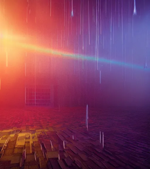 Image similar to symmetric drop daydreaming of the god of sun glare, fluid dance of the virtual space, big cotton sheets in the center of the air, cyberpunk forest, majestic light, octane render, beauty fog, ethereal glare of the sun, raining rainbow, volumetric lighting, hyperealistic, epic, masterpiece