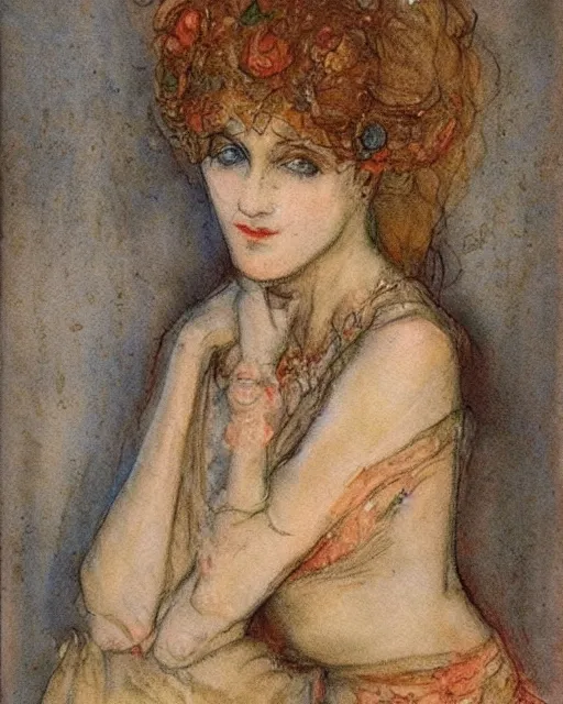 Prompt: beautiful woman by henri privat - livemont, delicate watercolor