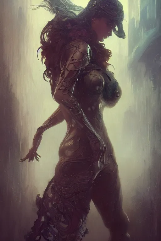 Prompt: woman with metal skin, fog, volumetric lighting, intricate, elegant, highly detailed, digital painting, artstation, concept art, smooth, sharp focus, art nouveau, art by raymond swanland and alphonse mucha