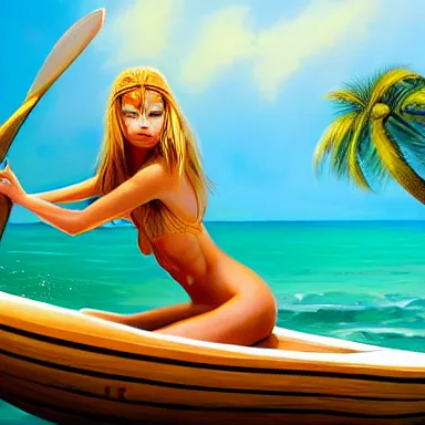 Image similar to a fantasy painting on oil of a beautiful female tiger girl tabaxi surfer girl druid catgirl leaning against a wooden surfboard on a sandy beach in the Maldives, artstation, andrei riabovitchev, nuri iyem, james gurney, james jean, greg rutkowski, highly detailed, Rossdraws, Bluesssatan, Mandy Jurgens, Stjepan Sejic