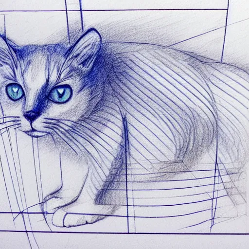 Prompt: the cat's lethargy belied an element of grace, architectural blueprint, pencil sketch drafting design, white lines on blue, detailed