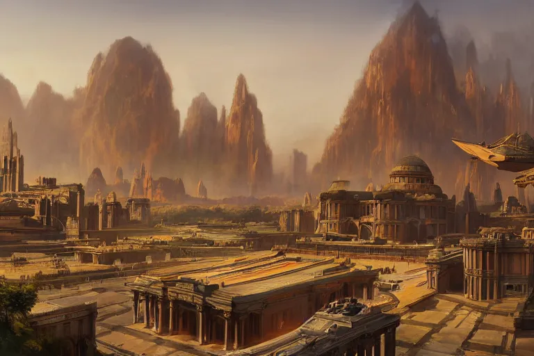 Image similar to city of theed on the planet naboo, star wars matte painting, long shot, concept art, wide shot, digital art, trending on artstation, 4 k, extremely detailed, realistic, midday, warm colors, golden sunlight, by greg rutkowski, cinematic, epic