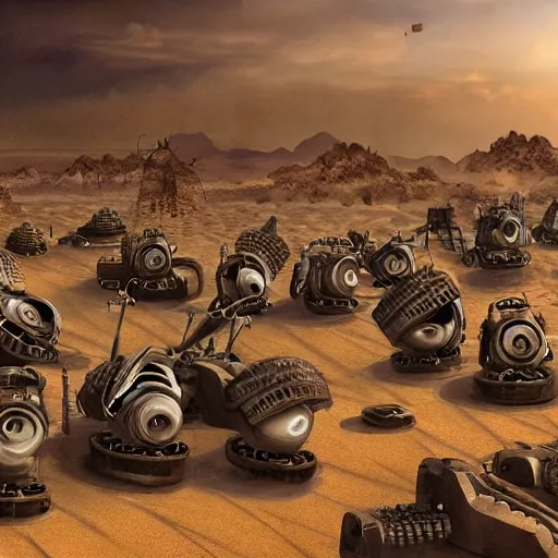 Image similar to painting of a dozen buried biomechanical robots in the desert, oasis, 4 k. cinematic. epic.