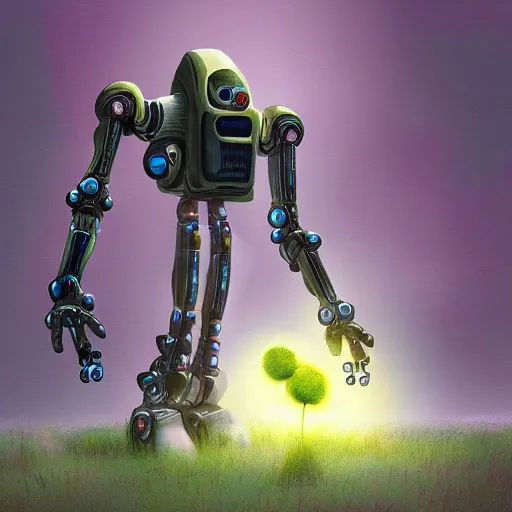 Image similar to sentinel robot picking up flower on alien planet, digital art, concept art