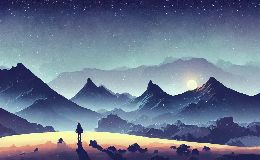 Prompt: mountains, stars and paisley filled sky, artstation, intricate, highly detailed, digital painting, concept art, sharp focus, illustration by Yoshitaka Amano and James Gilleard