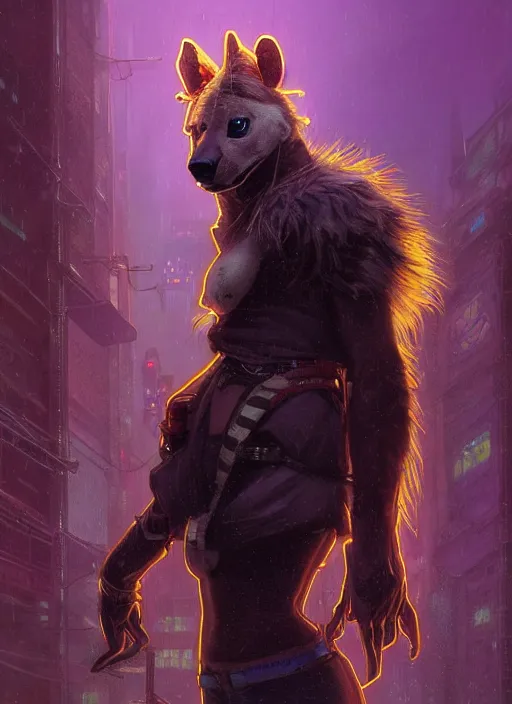 Image similar to beautiful full-body portrait commission of a [female furry anthro!!! spotted hyena fursona] [wearing jedi robes] [in a cyberpunk city at night in the rain]. Neon light. Atmospheric. Renowned character illustration by greg rutkowski, thomas kindkade, alphonse mucha, loish, norman rockwell. detailed, dungeons and dragons character art