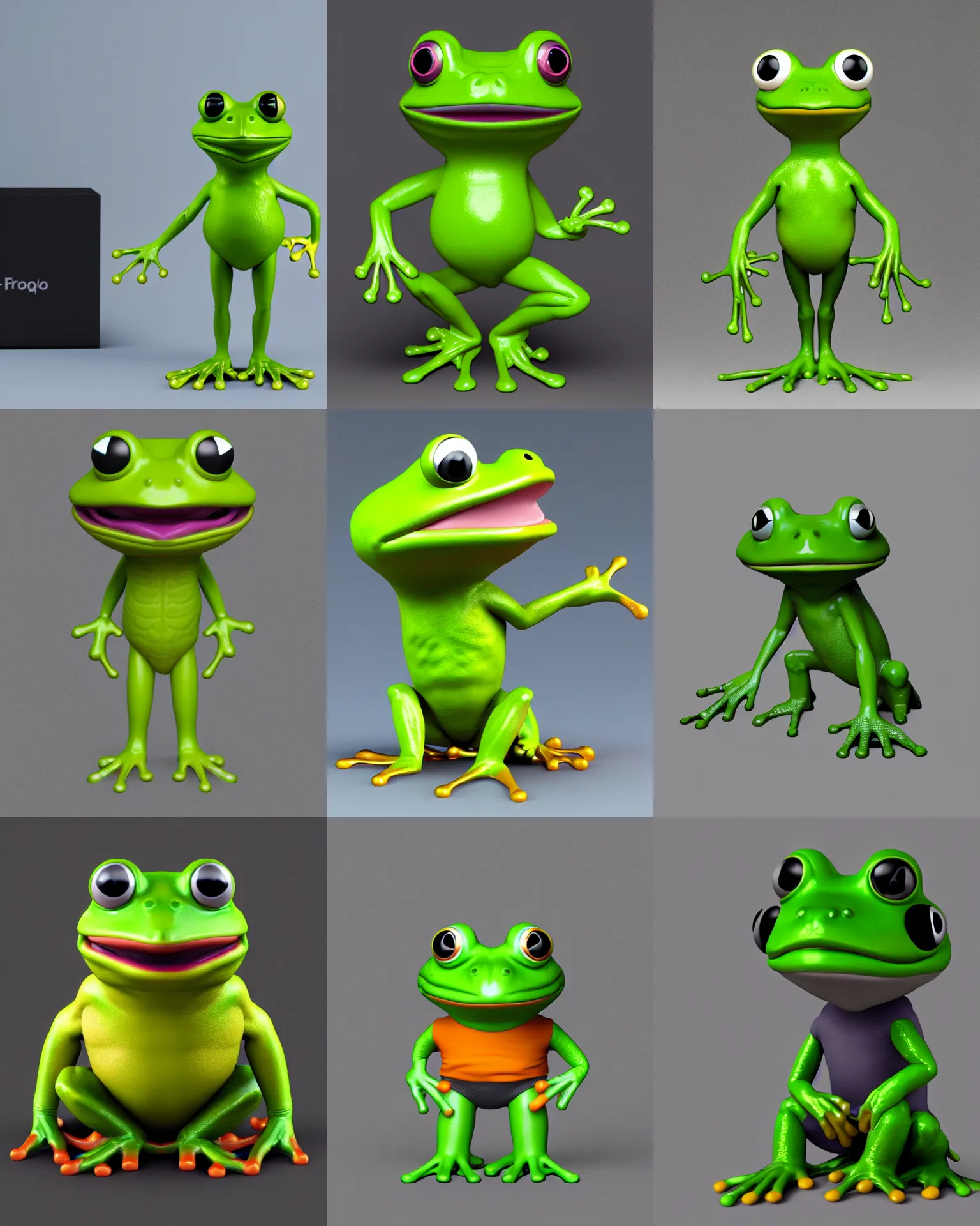 Prompt: full body 3 d render of the frog pepe as a funko pop!, studio lighting, grey background, single body, no shadow, blender, trending on artstation, 8 k, highly detailed