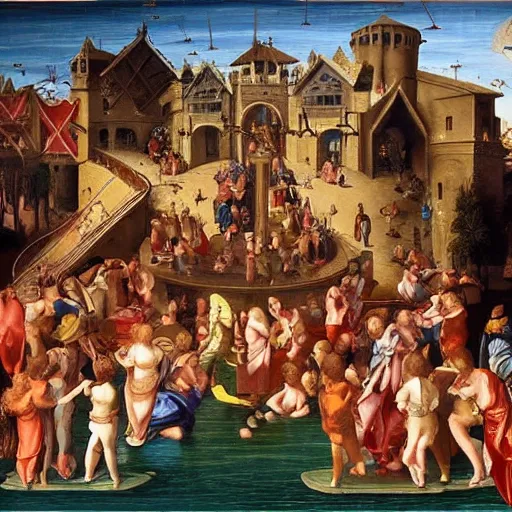 Image similar to renaissance painting of medieval waterpark, highly detailed, beautiful lighting